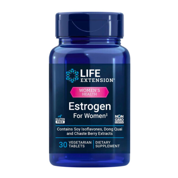 Life Extension Estrogen Balance Elite, menopause support supplement, hormone balance, hot flashes, night sweats, vaginal dryness, gluten-free, non-GMO, vegetarian, 60 tablets
