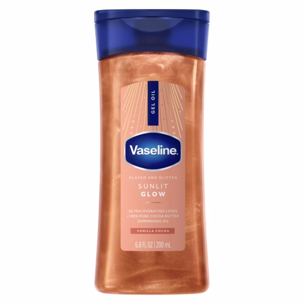 Vaseline Glazed & Glisten Shimmering Body Gel Oil Sunlit Glow, with Vanilla & Cocoa Butter, 6.8 oz