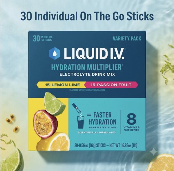 Liquid IV Hydration Multiplier 
Variety pack Lemon Lime & Passion Fruit 30 ct